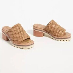 Anthropologie Bernardo Sylvie Block Heeled Slide Sandals Woven Leather Sand 9.5